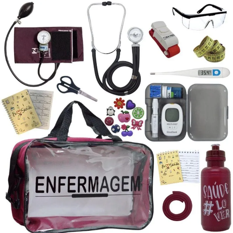 Kit Bolsa Aparelho De Pressão Aneroide Medidor De Glicose Enfermagem Vermelho Escuro