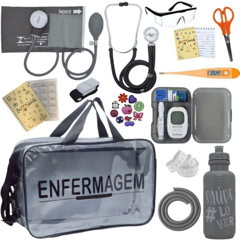 Kit Bolsa Aparelho De Pressão Aneroide Medidor De Glicose Enfermagem Cinza
