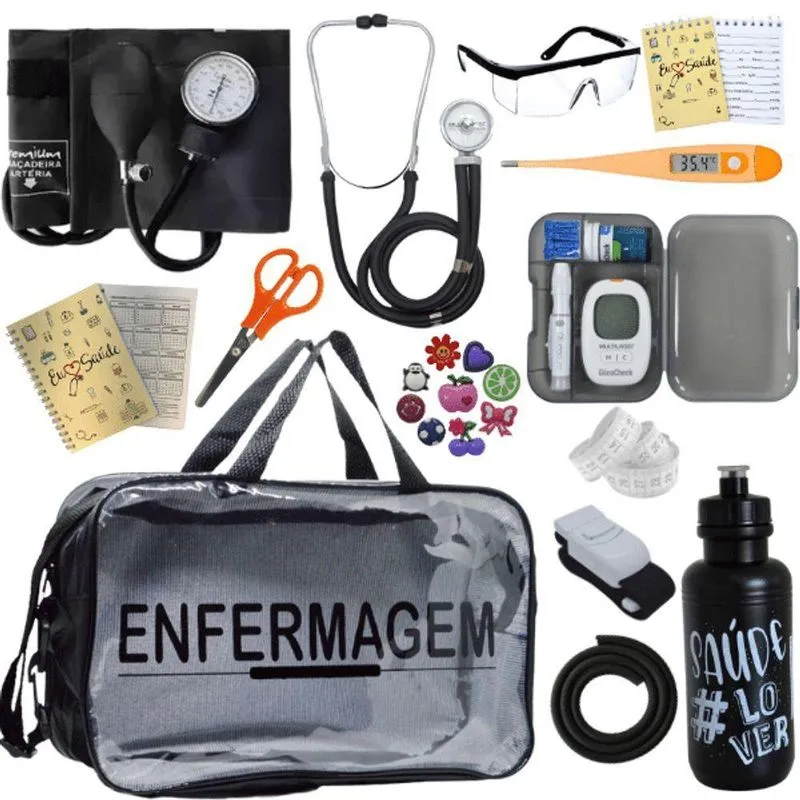 Kit Bolsa Aparelho De Pressão Aneroide Medidor De Glicose Enfermagem Preto