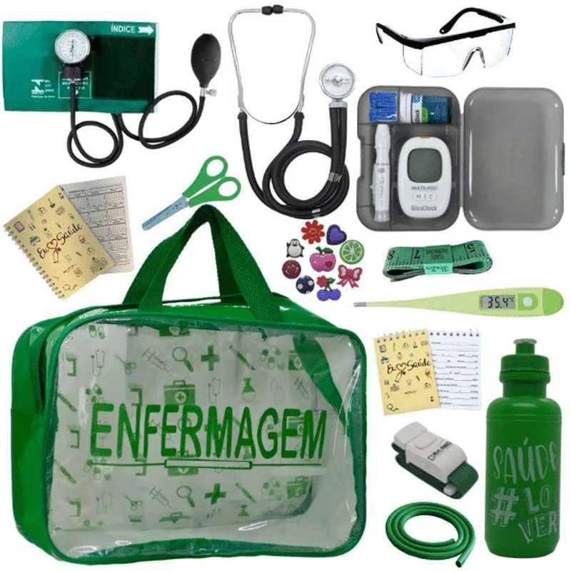 Kit Bolsa Aparelho De Pressão Aneroide Medidor De Glicose Enfermagem Verde