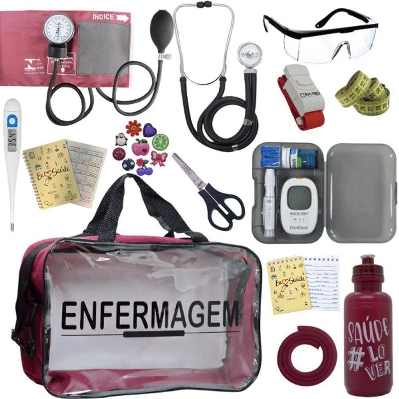 Kit Bolsa Aparelho De Pressão Aneroide Medidor De Glicose Enfermagem Vermelho Escuro