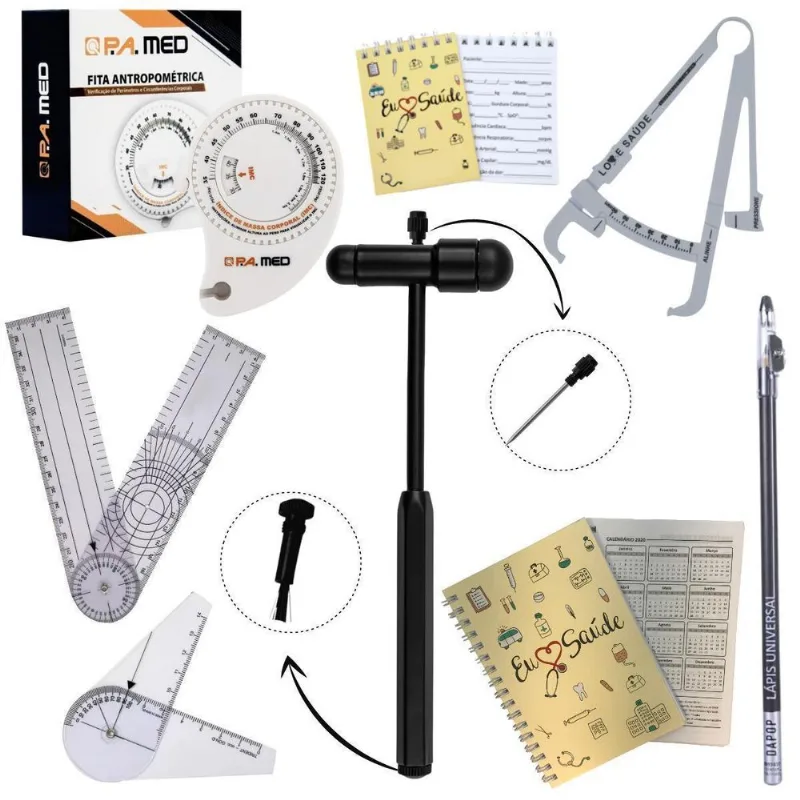 Kit Fisioterapia Goniômetro Pequeno Grande Fita Imc Martelo