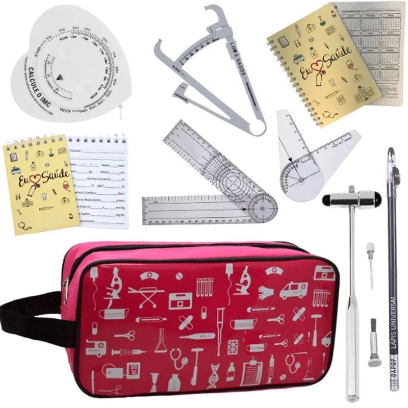 Kit De Fisioterapia Itens Martelo Buck Fita Imc Goniometro Grande E Pequeno Necessaire Fúcsia Escuro