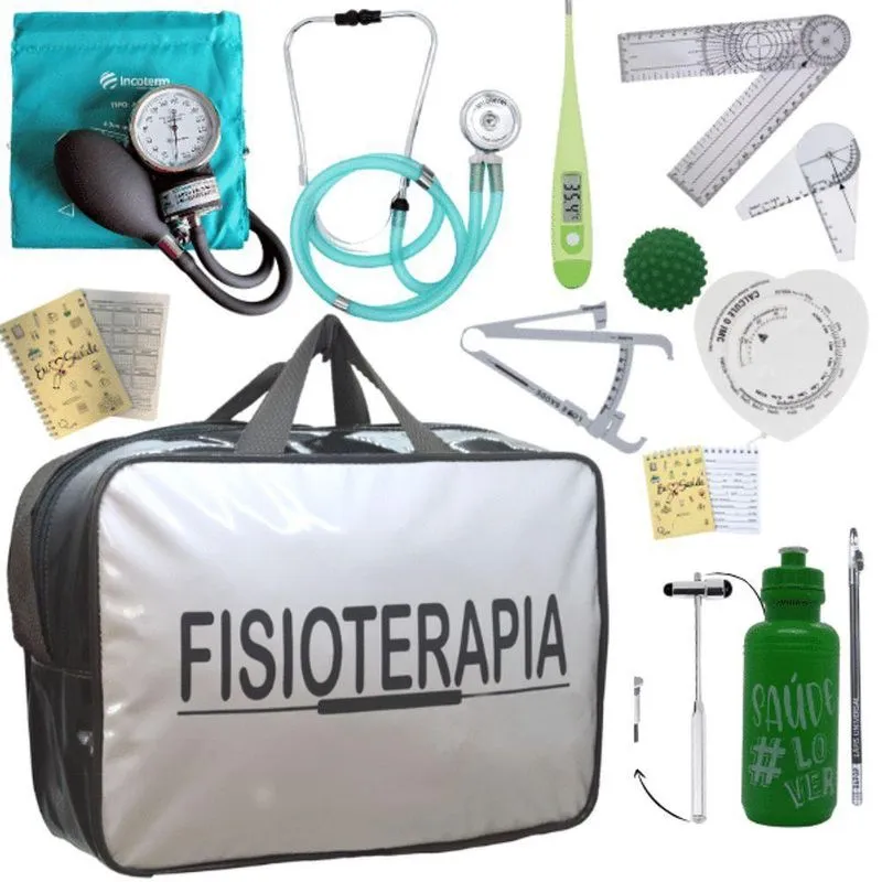 Kit Bolsa Fisioterapia Acadêmico Goniômetro Martelo Buck Fita Antropométrica Verde