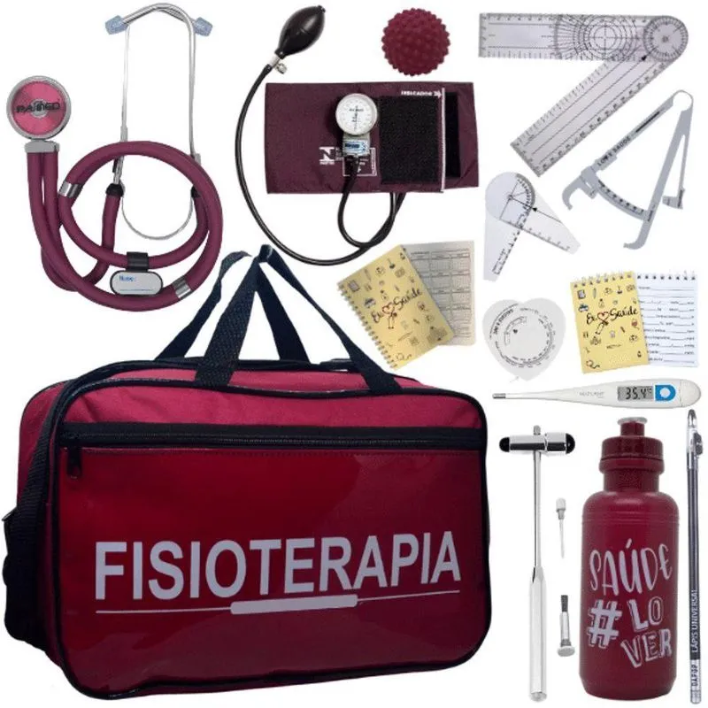 Kit Bolsa Fisioterapia Acadêmico Goniômetro Martelo Buck Fita Antropométrica Vermelho Escuro