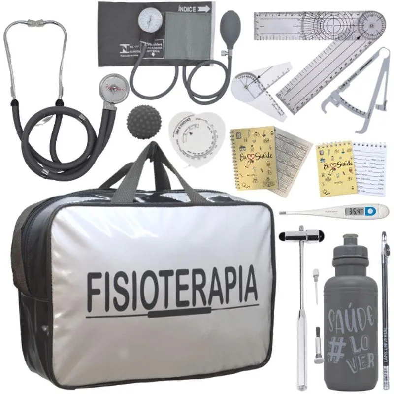 Kit Bolsa Fisioterapia Acadêmico Goniômetro Martelo Buck Fita Antropométrica Cinza