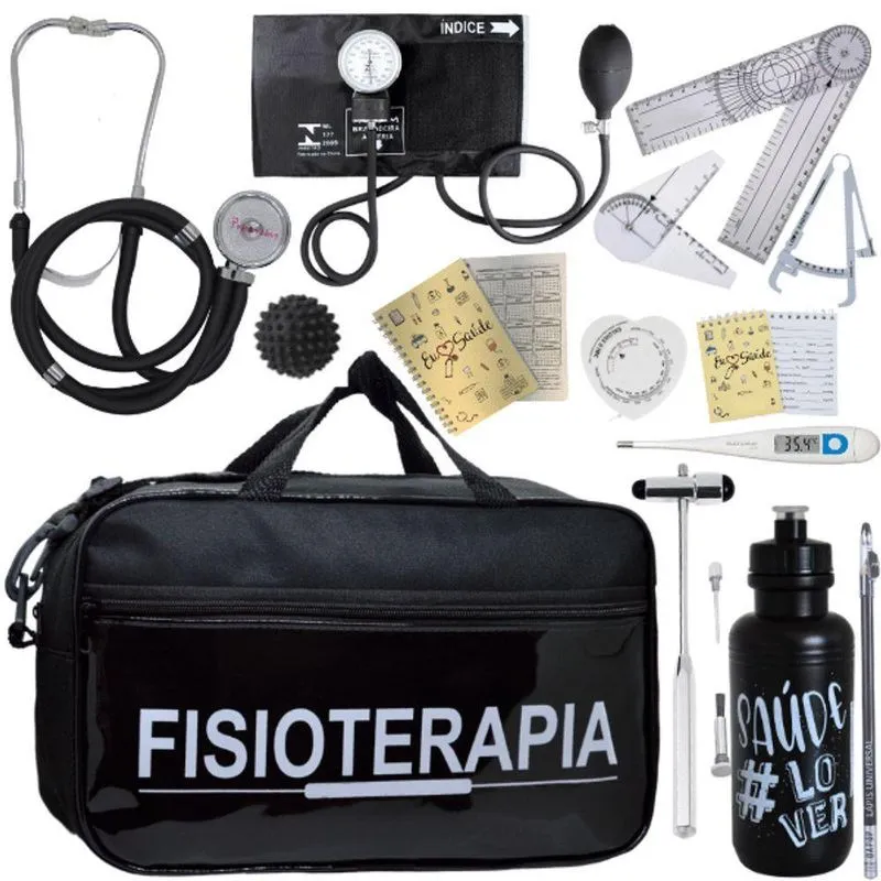 Kit Bolsa Fisioterapia Acadêmico Goniômetro Martelo Buck Fita Antropométrica Preto