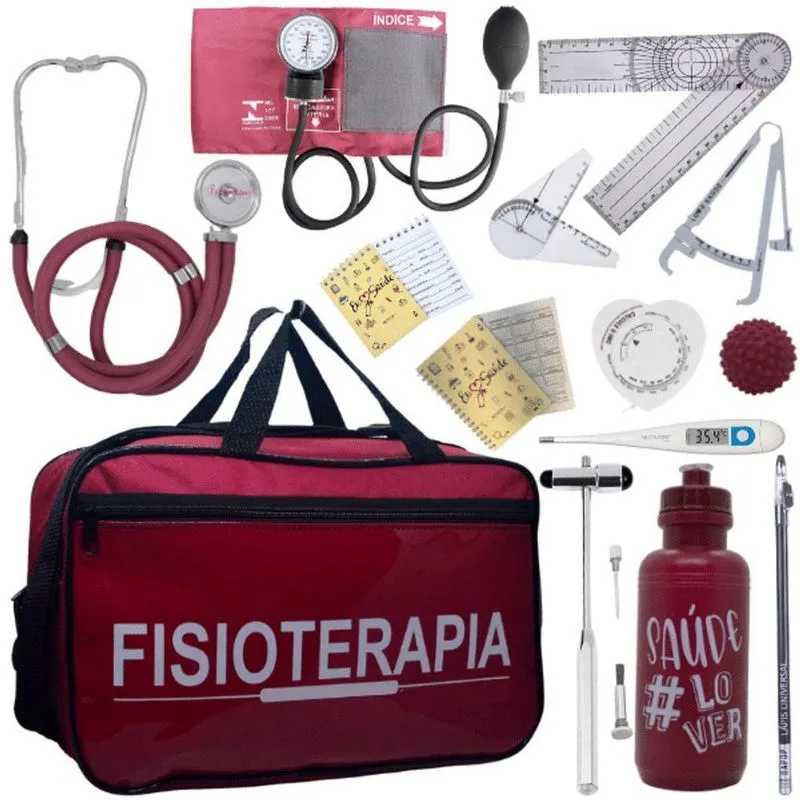 Kit Bolsa Fisioterapia Acadêmico Goniômetro Martelo Buck Fita Antropométrica Vermelho Escuro