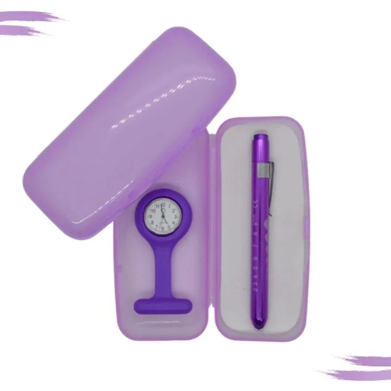 Kit Relogio Lapela + Lanterna + Estojo Estagio Enfermagem Lavanda