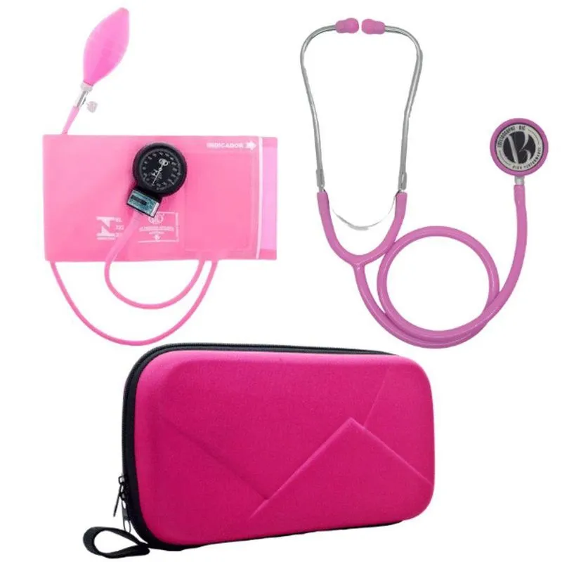 Kit Aparelho De Pressão + Estetoscopio + Case Rigida Rosa