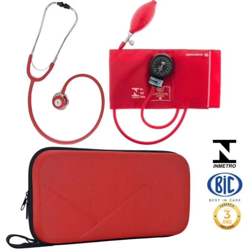 Kit Aparelho De Pressão + Estetoscopio + Case Rigida Vermelho
