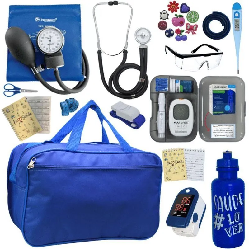 Kit Bolsa Aparelho De Pressão Esfigmomanômetro Esteto Medidor Completo Azul