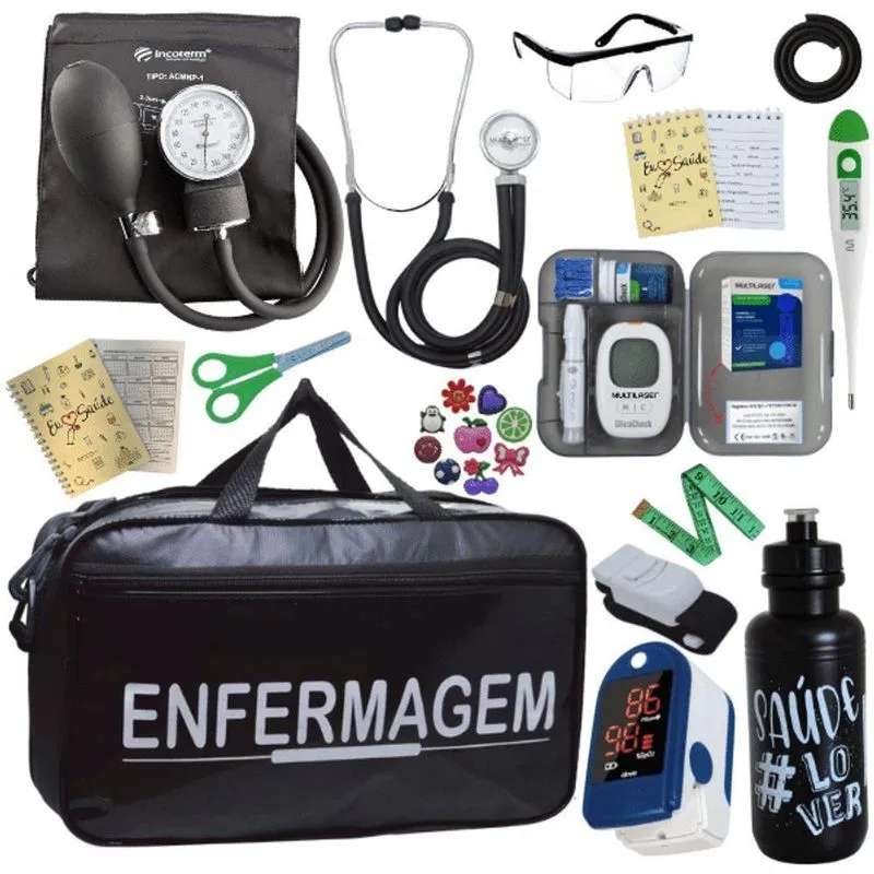 Kit Bolsa Aparelho De Pressão Esfigmomanômetro Medidor Completo Enfermagem Preto