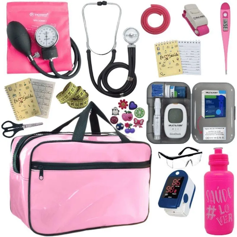 Kit Bolsa Aparelho De Pressão Esfigmomanômetro Esteto Medidor Completo Rosa