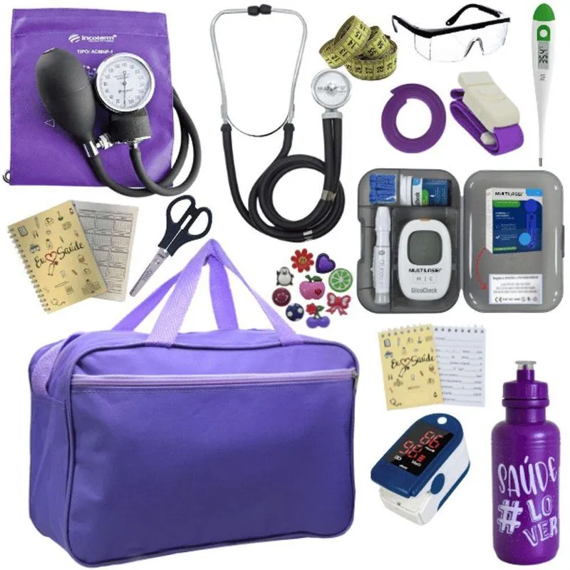 Kit Bolsa Aparelho De Pressão Esfigmomanômetro Esteto Medidor Completo Violeta Escuro
