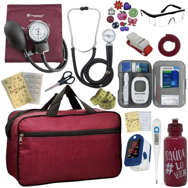 Kit Bolsa Aparelho De Pressão Esfigmomanômetro Esteto Medidor Completo Vermelho Escuro