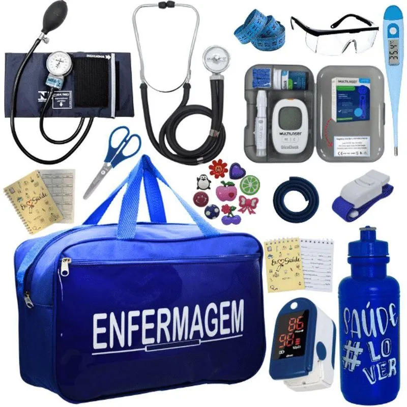 Kit Bolsa Aparelho De Pressão Esfigmomanômetro Medidor Completo Enfermagem Azul
