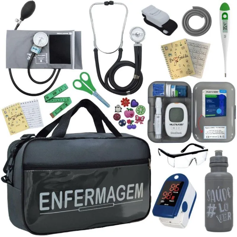 Kit Bolsa Aparelho De Pressão Esfigmomanômetro Medidor Completo Enfermagem Cinza