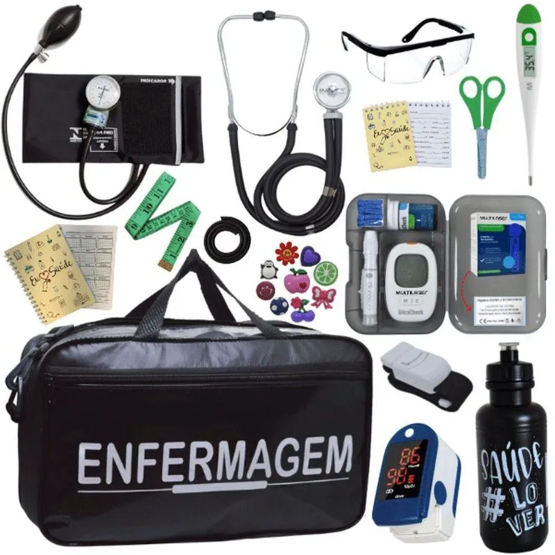 Kit Bolsa Aparelho De Pressão Esfigmomanômetro Medidor Completo Enfermagem Preto