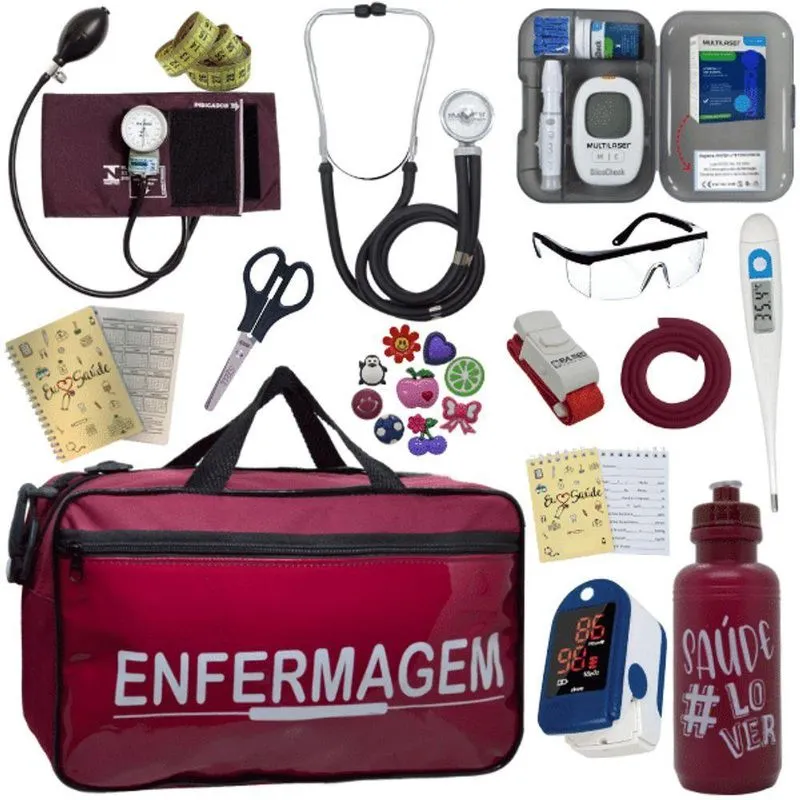Kit Bolsa Aparelho De Pressão Esfigmomanômetro Medidor Completo Enfermagem Vermelho Escuro