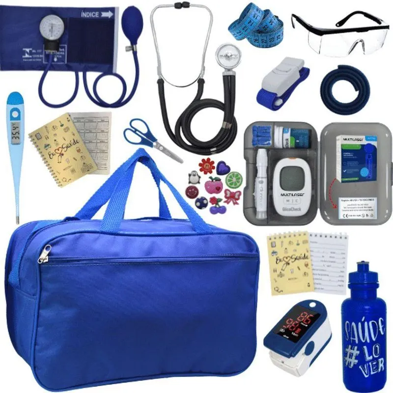 Kit Bolsa Aparelho De Pressão Esfigmomanômetro Esteto Medidor Completo Azul