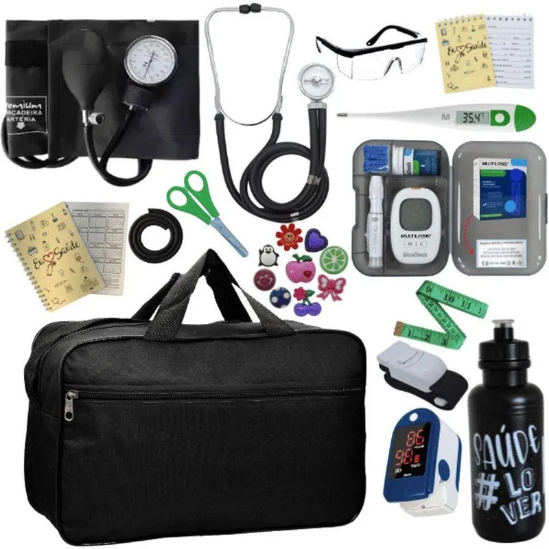 Kit Bolsa Aparelho De Pressão Esfigmomanômetro Esteto Medidor Completo Preto