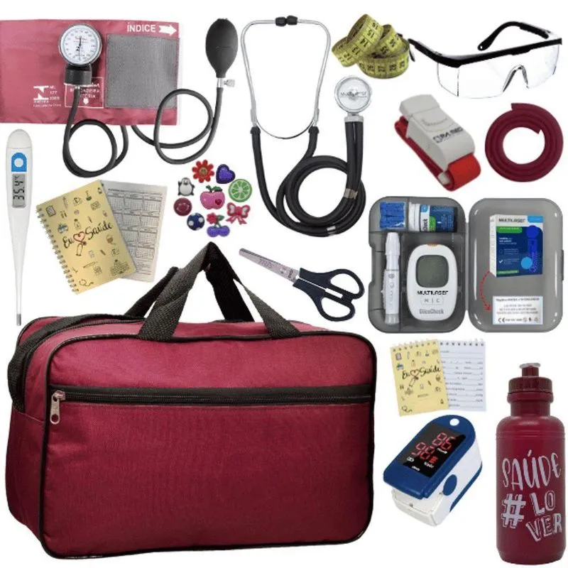 Kit Bolsa Aparelho De Pressão Esfigmomanômetro Esteto Medidor Completo Vermelho Escuro