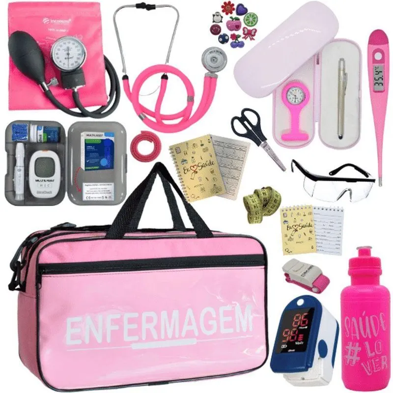 Kit Bolsa Cores Aparelho Pressao Esfigmomanometro Medidor De Glicose Completo Enfermagem Rosa