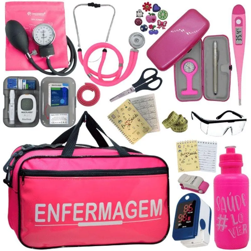 Kit Bolsa Cores Aparelho Pressao Esfigmomanometro Medidor De Glicose Completo Enfermagem Fúcsia