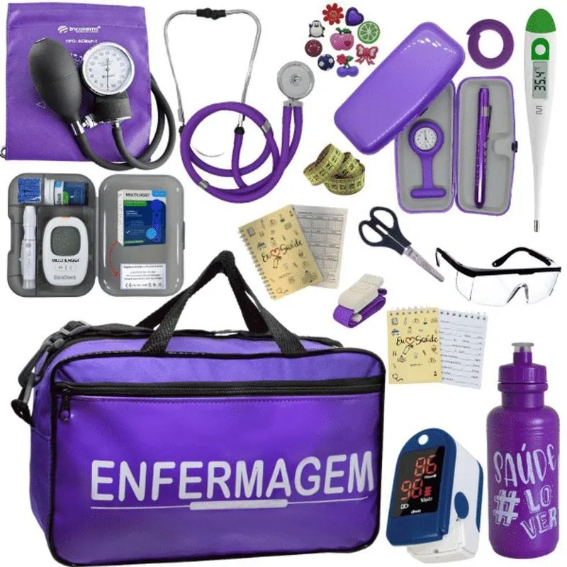 Kit Bolsa Cores Aparelho Pressao Esfigmomanometro Medidor De Glicose Completo Enfermagem Violeta Escuro