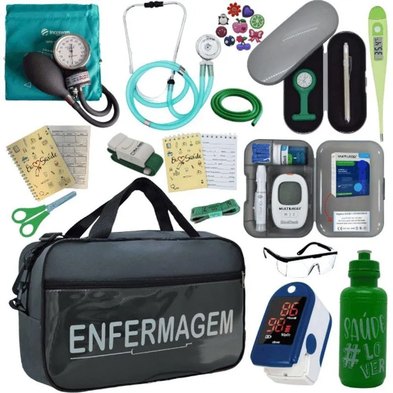 Kit Bolsa Cores Aparelho Pressao Esfigmomanometro Medidor De Glicose Completo Enfermagem Verde