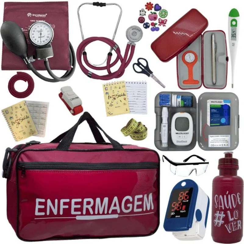 Kit Bolsa Cores Aparelho Pressao Esfigmomanometro Medidor De Glicose Completo Enfermagem Vermelho Escuro