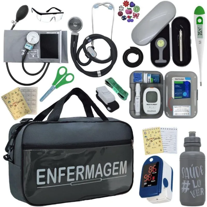 Kit Bolsa Cores Aparelho Pressao Esfigmomanometro Medidor De Glicose Completo Enfermagem Cinza