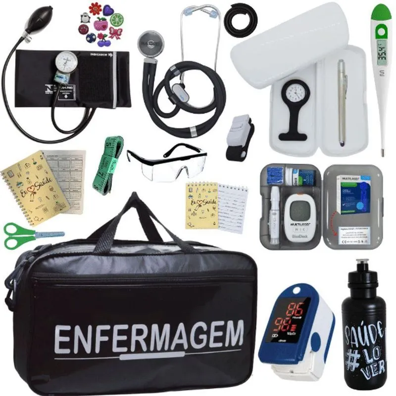 Kit Bolsa Cores Aparelho Pressao Esfigmomanometro Medidor De Glicose Completo Enfermagem Preto