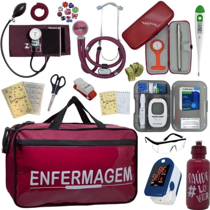 Kit Bolsa Cores Aparelho Pressao Esfigmomanometro Medidor De Glicose Completo Enfermagem Vermelho Escuro