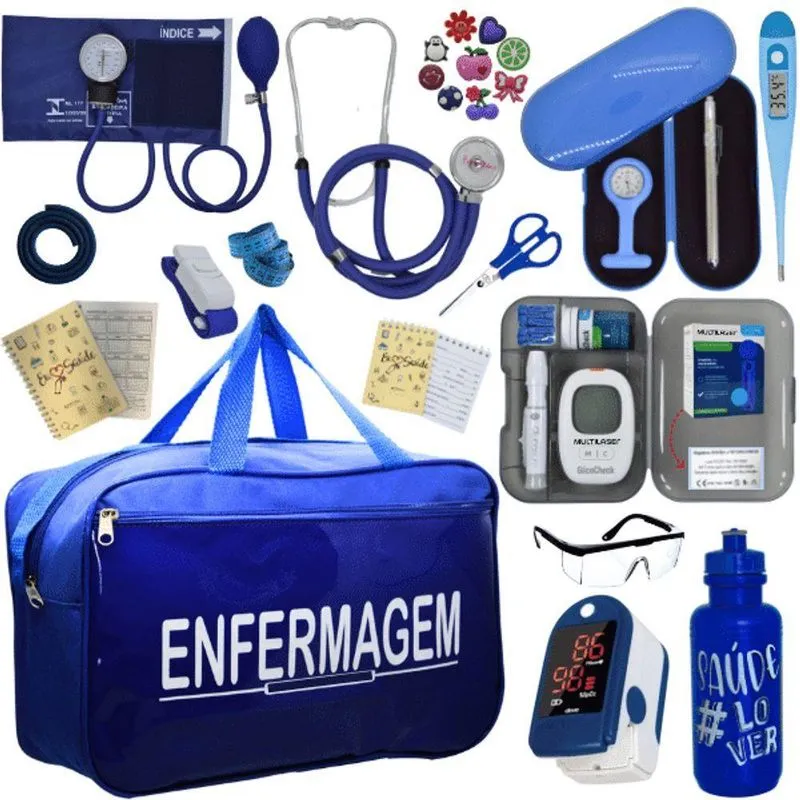 Kit Bolsa Cores Aparelho Pressao Esfigmomanometro Medidor De Glicose Completo Enfermagem Azul