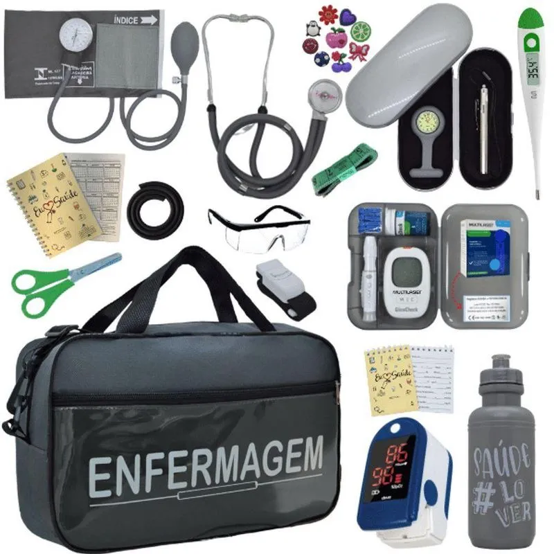 Kit Bolsa Cores Aparelho Pressao Esfigmomanometro Medidor De Glicose Completo Enfermagem Cinza