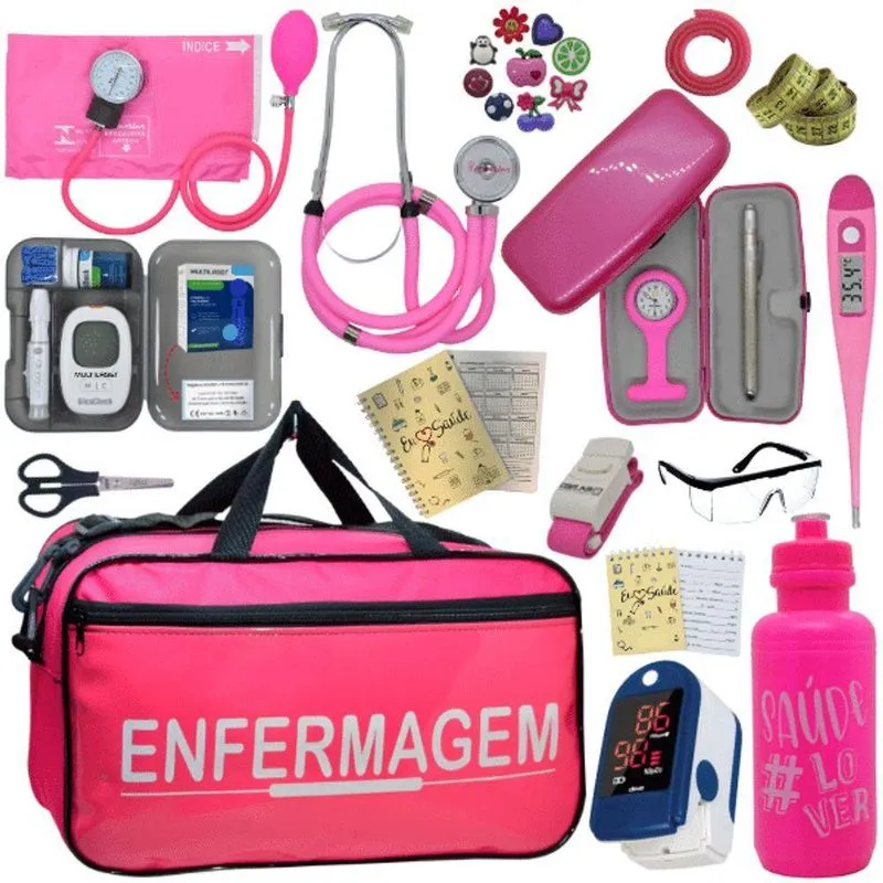 Kit Bolsa Cores Aparelho Pressao Esfigmomanometro Medidor De Glicose Completo Enfermagem Fúcsia