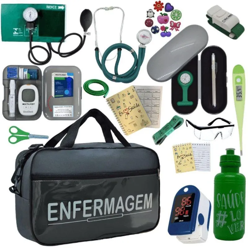 Kit Bolsa Cores Aparelho Pressao Esfigmomanometro Medidor De Glicose Completo Enfermagem Verde