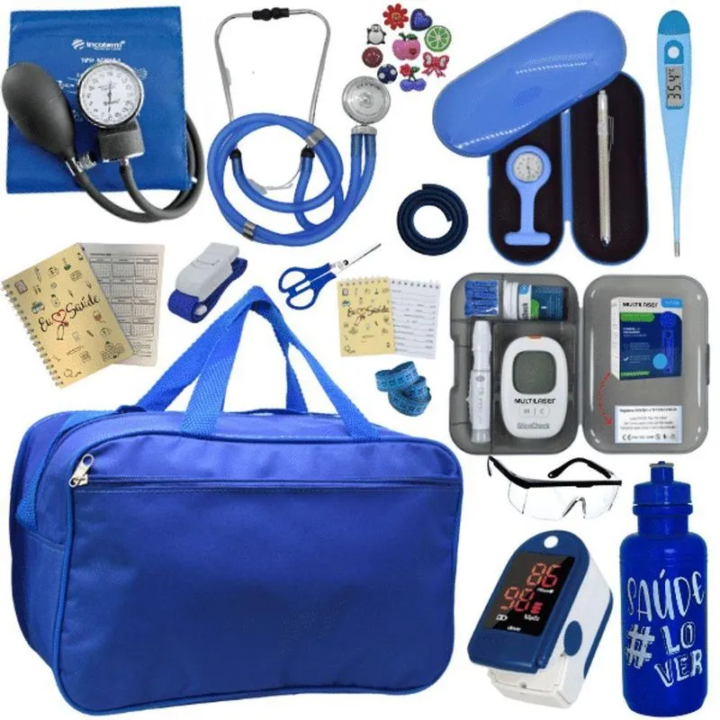 Kit Bolsa Cores Aparelho De Pressao Esfigmomanometro Estetoscópio Medidor De Glicose Completo Azul