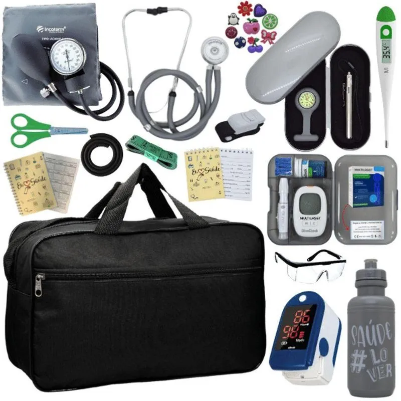 Kit Bolsa Cores Aparelho De Pressao Esfigmomanometro Estetoscópio Medidor De Glicose Completo Cinza