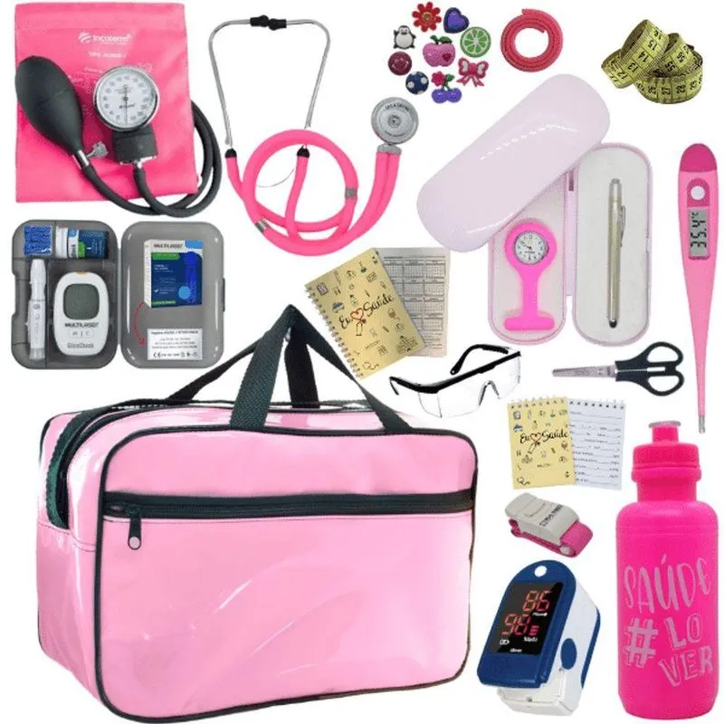 Kit Bolsa Cores Aparelho De Pressao Esfigmomanometro Estetoscópio Medidor De Glicose Completo Rosa
