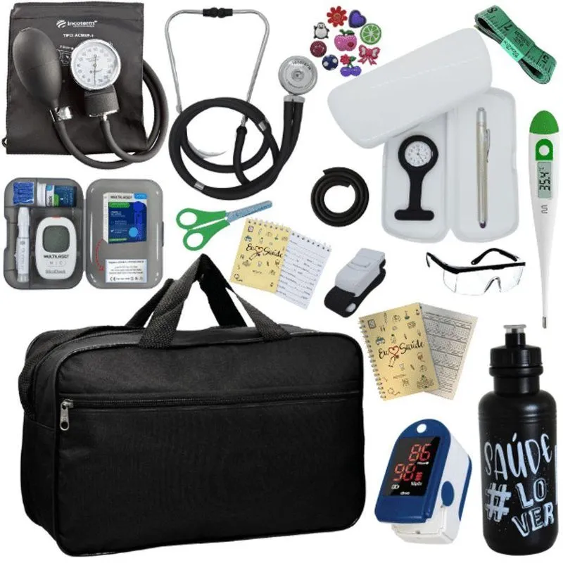 Kit Bolsa Cores Aparelho De Pressao Esfigmomanometro Estetoscópio Medidor De Glicose Completo Preto