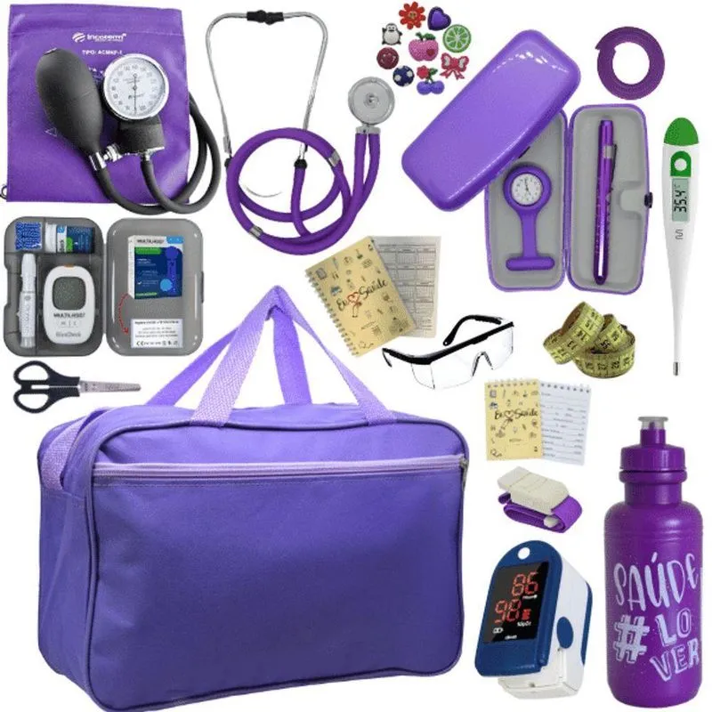 Kit Bolsa Cores Aparelho De Pressao Esfigmomanometro Estetoscópio Medidor De Glicose Completo Violeta Escuro