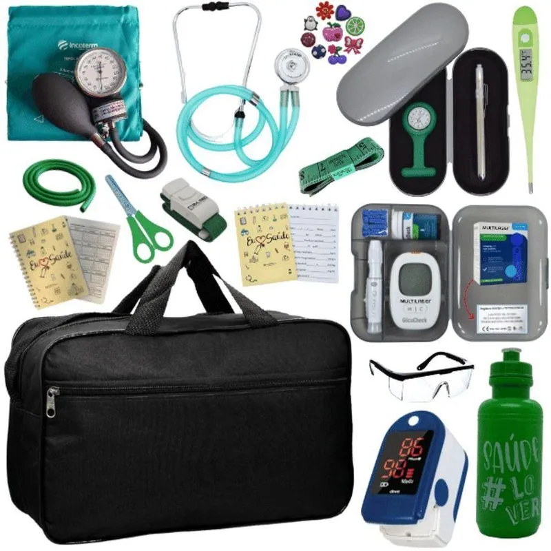 Kit Bolsa Cores Aparelho De Pressao Esfigmomanometro Estetoscópio Medidor De Glicose Completo Verde
