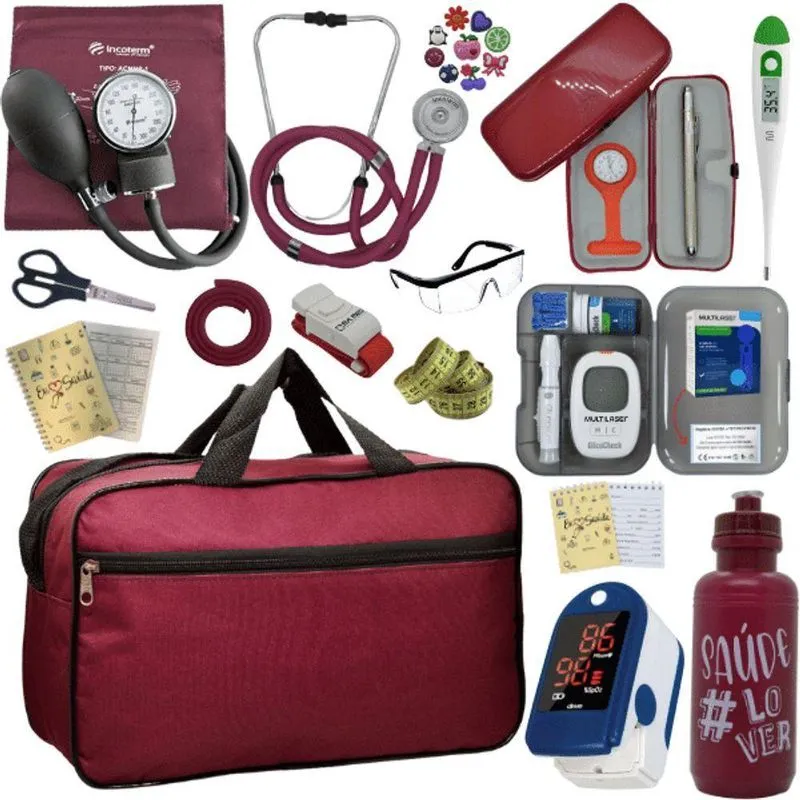 Kit Bolsa Cores Aparelho De Pressao Esfigmomanometro Estetoscópio Medidor De Glicose Completo Vermelho Escuro