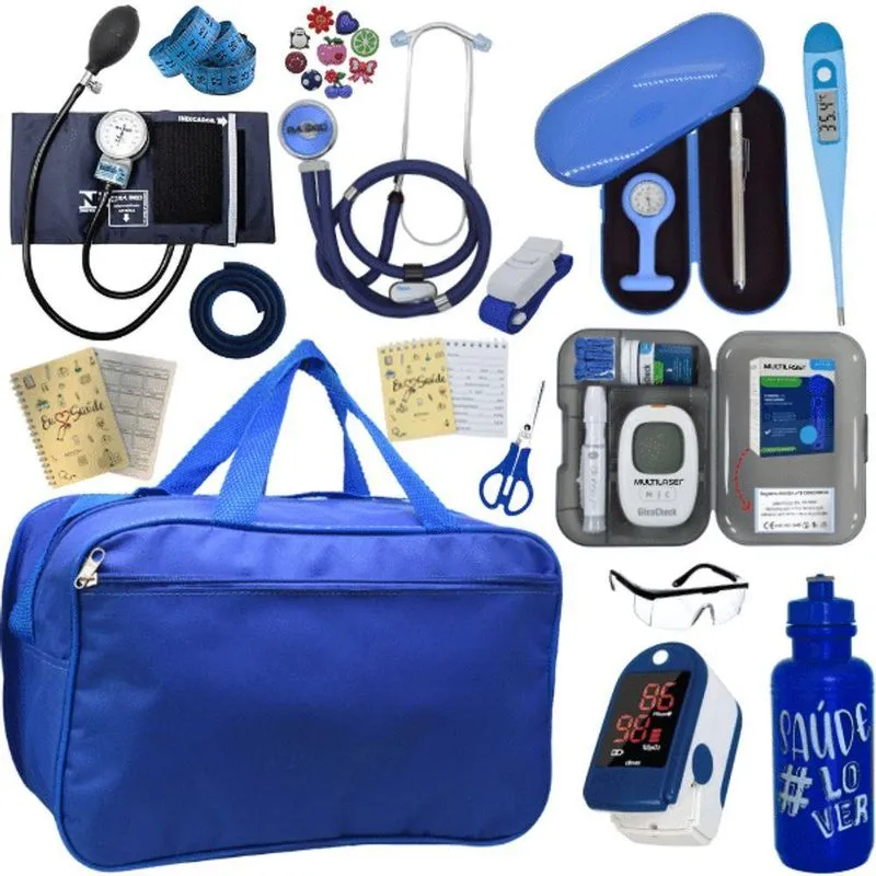 Kit Bolsa Cores Aparelho De Pressao Esfigmomanometro Estetoscópio Medidor De Glicose Completo Azul