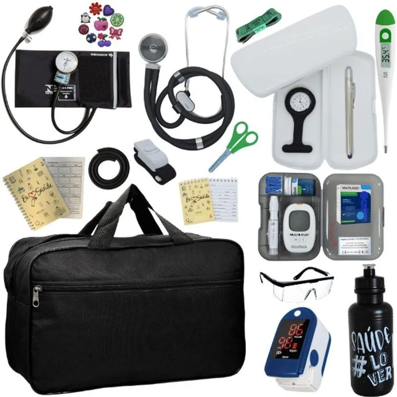 Kit Bolsa Cores Aparelho De Pressao Esfigmomanometro Estetoscópio Medidor De Glicose Completo Preto