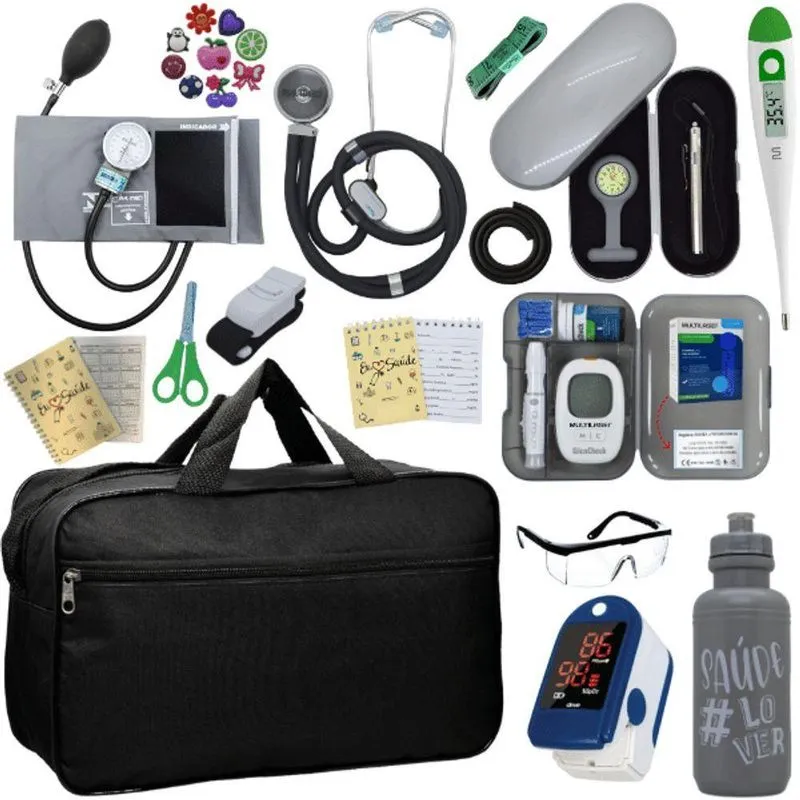 Kit Bolsa Cores Aparelho De Pressao Esfigmomanometro Estetoscópio Medidor De Glicose Completo Cinza