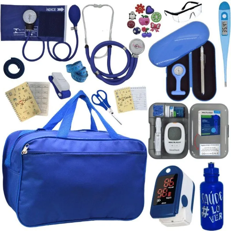 Kit Bolsa Cores Aparelho De Pressao Esfigmomanometro Estetoscópio Medidor De Glicose Completo Azul